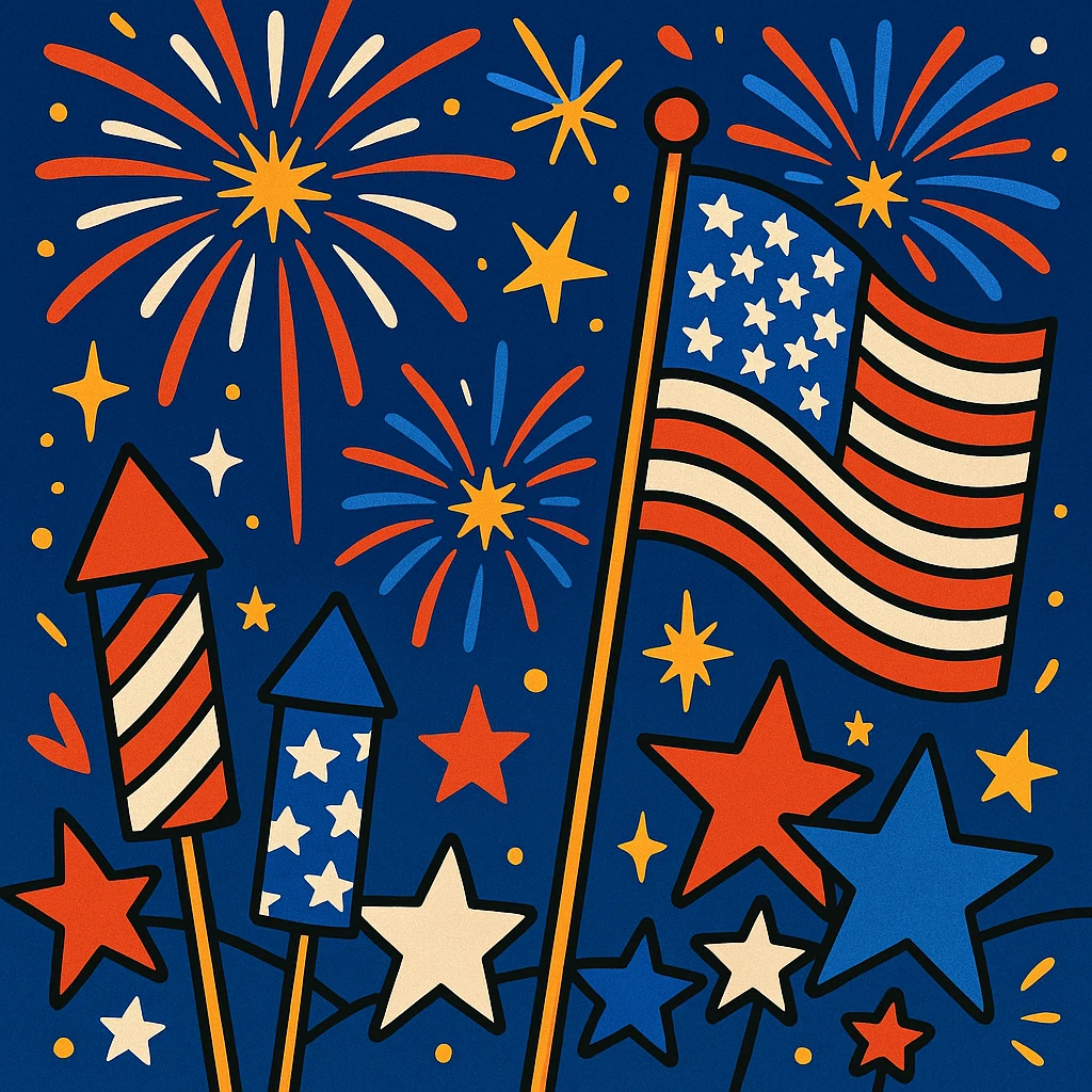 4th of July celebration with fireworks and American flag, festive, vibrant colors emoji