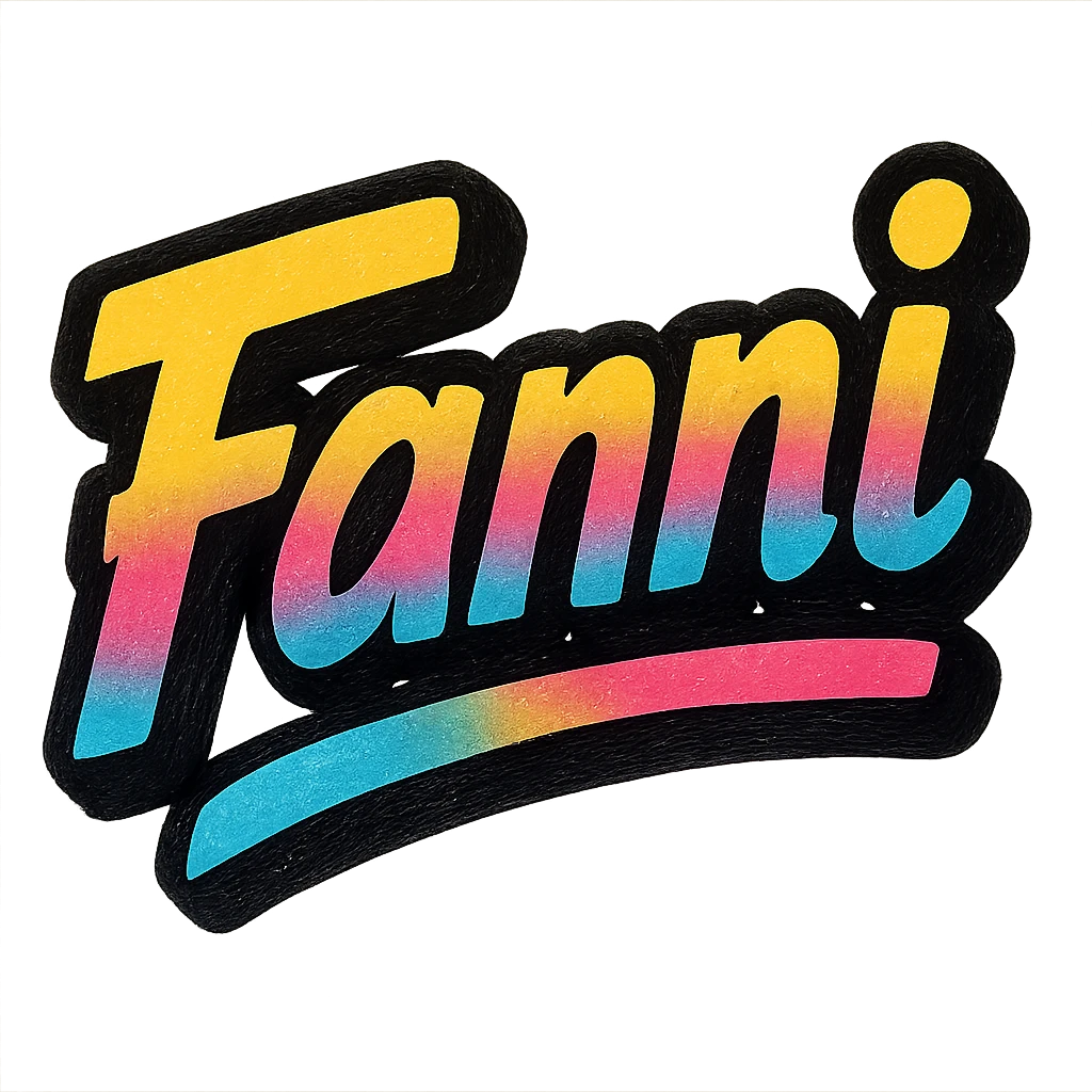 Fanni name in modern colorful gradient font with dark outline, dynamic slanted or partial underline, in the style of reference patterns emoji