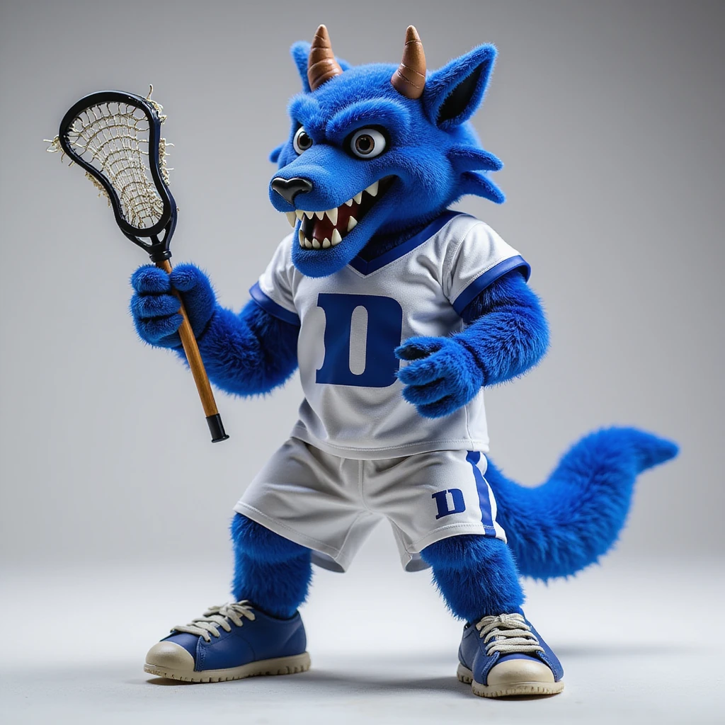 Duke Blue Devil mascot playing lacrosse, realistic style, blue and white uniform, holding a lacrosse stick, dynamic action, detailed and lifelike emoji