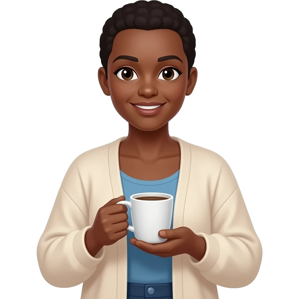 BLACK BALD WOMAN  IN FLOWY CARDIGAN HOLDING A CUP OF COFEE emoji