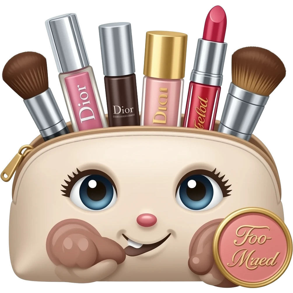 makeup puch with products Dior huda too faced etc emoji
