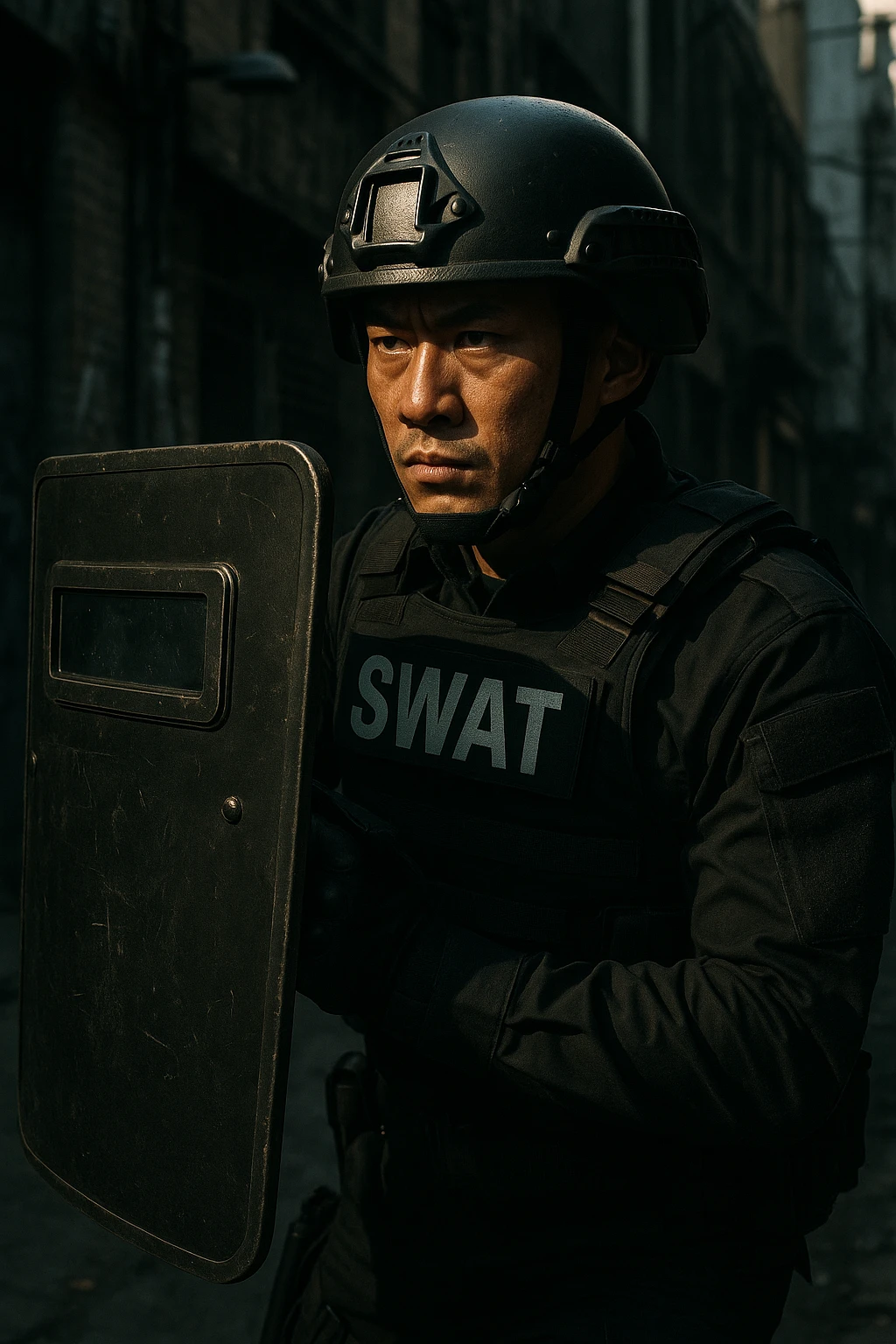Asian SWAT officer, armored vest, helmet, holding shield, ready for action, gritty atmosphere emoji