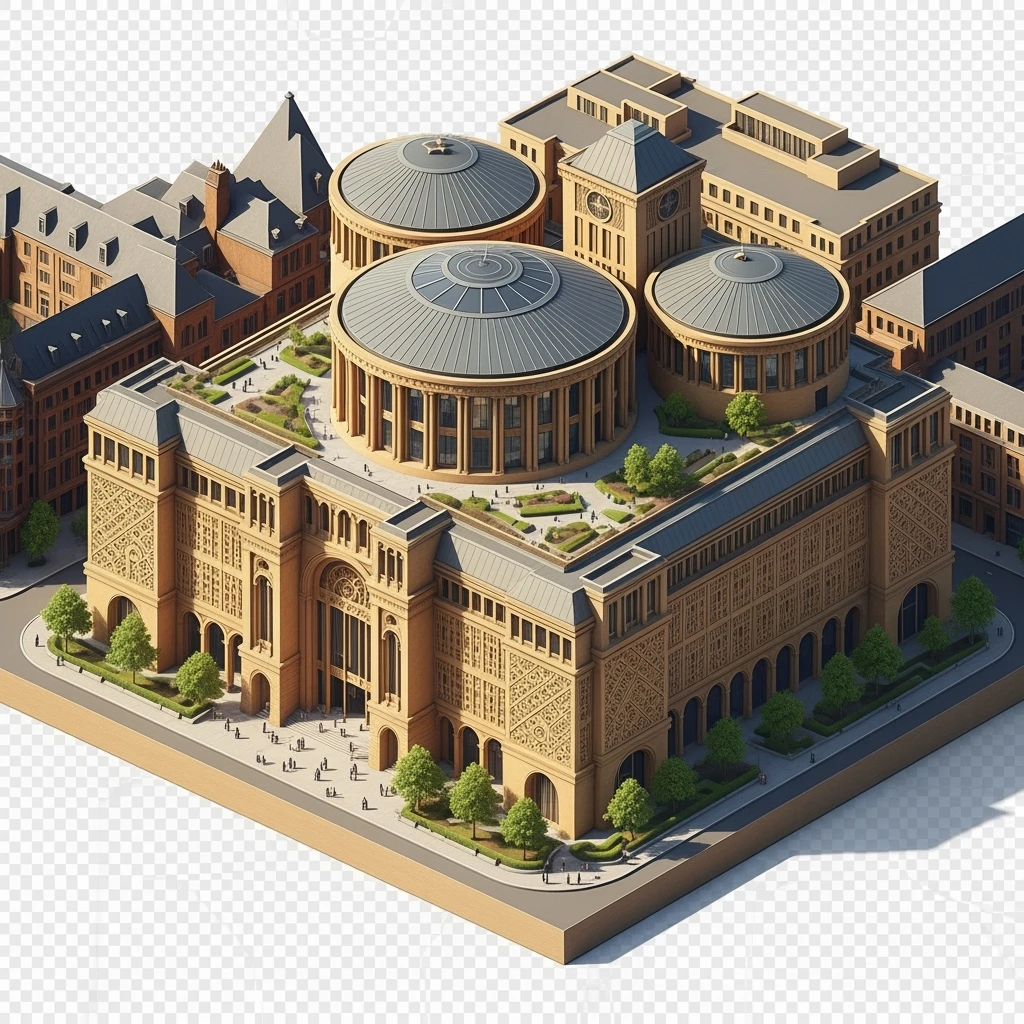 Isometric illustration of photorealistic Birmingham library highly detailed in semi-realistic, 3D miniature effect, transparent background. emoji
