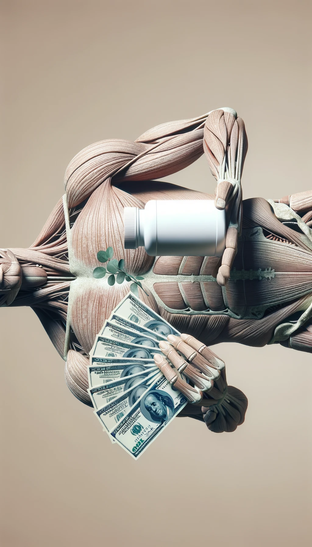 corpo umano anatomico che tiene nella mano destra una boccetta di integratore e nella mano sinistra delle banconote, sfondo neutro chiaro emoji