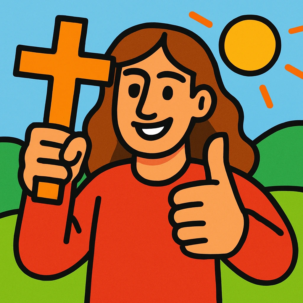 person with long brown hair holding a cross and giving a thumbs up, vibrant cartoon style emoji