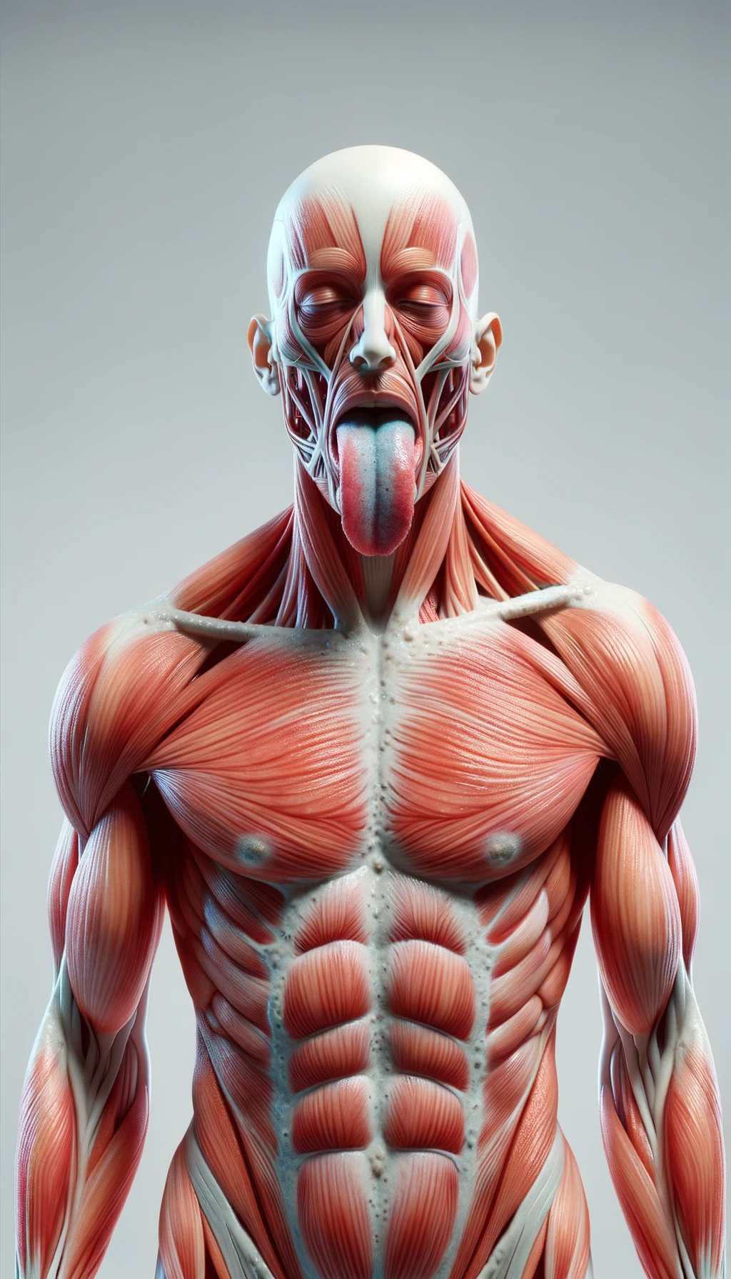 CORPO UMANO ANATOMICO IN PIEDI FRONTALMENTE CHE TIENE LA LINGUA UN PO' FUORI ED è PIENA DI MACCHIE BIANCASTRE, NEUTRAL CLEAR BACKGROUND, COLORI REALISTICI DEI MUSCOLI, iperrealistico 4k emoji