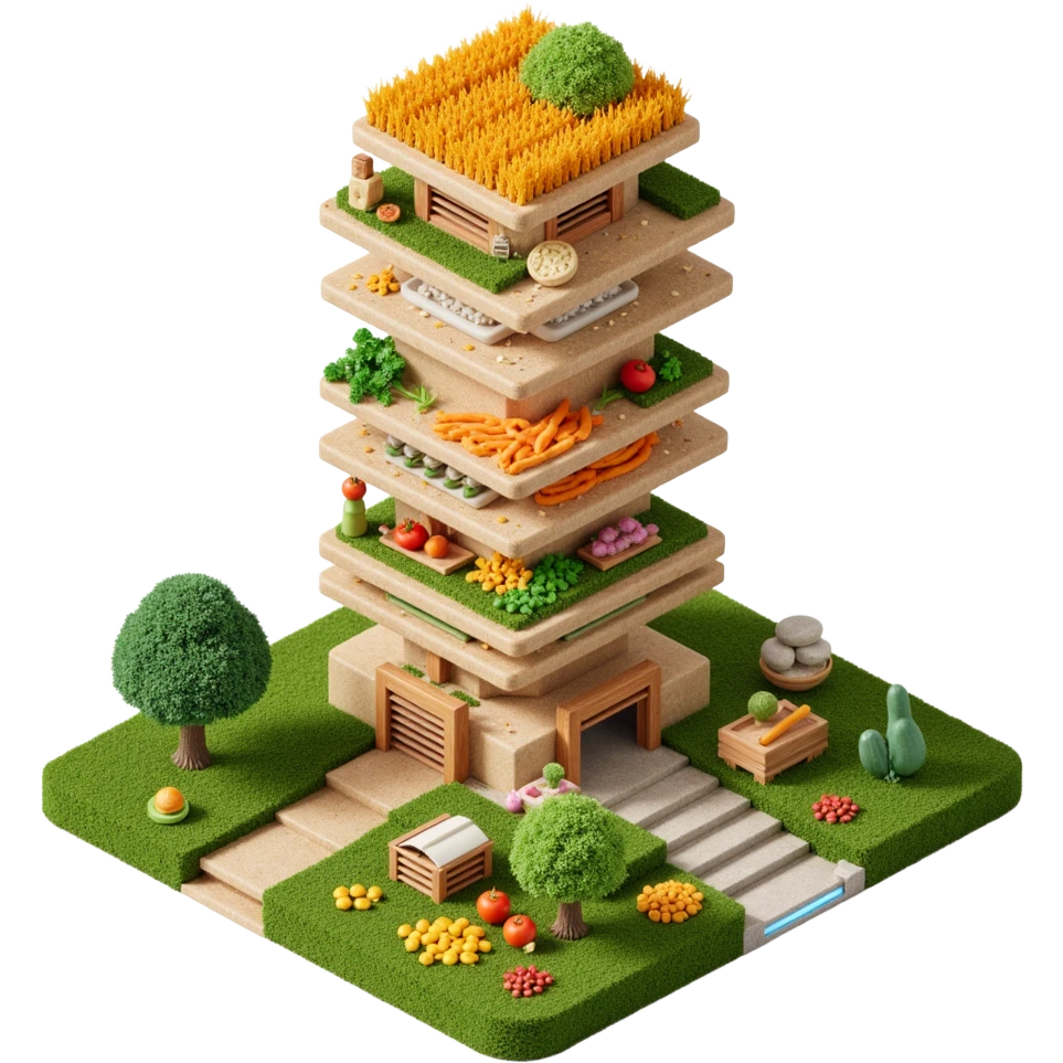 Exterior view of a futuristic skyscraper farm with stacked layers of wheat fields and vegetables, sleek building shaped like a vertical cookie factory, surreal architecture blending nature and structure, glowing irrigation channels, emoji-style emoji