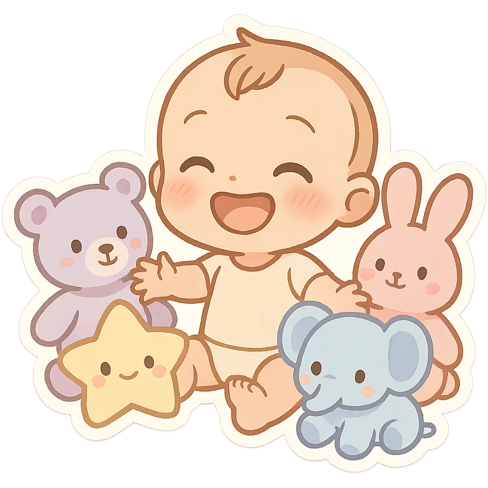 playful emoji showing a seated baby with big smile surrounded by pastel plush toys in various shapes and colors, gentle innocent warm atmosphere, perfect for emoji scale emoji