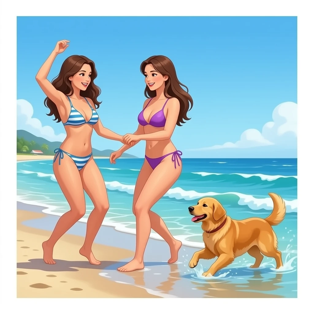 Two women who are lesbians dancing on the beach while their golden retriever plays in the water emoji