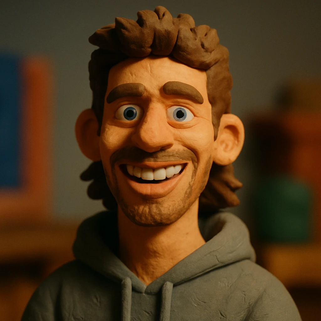 20 year old man, short scruffy beard and thin moustache, brown puffy mullet, blue eyes, big smile, white teeth, big lips, pronounced jaw, hair longer in back, sticking up on top, thin face, grey hooded sweatshirt, blue eyes emoji