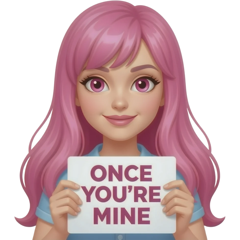 sexy girl with long pink hair and pink eyes holding a ONCE YOU'RE MINE sign emoji