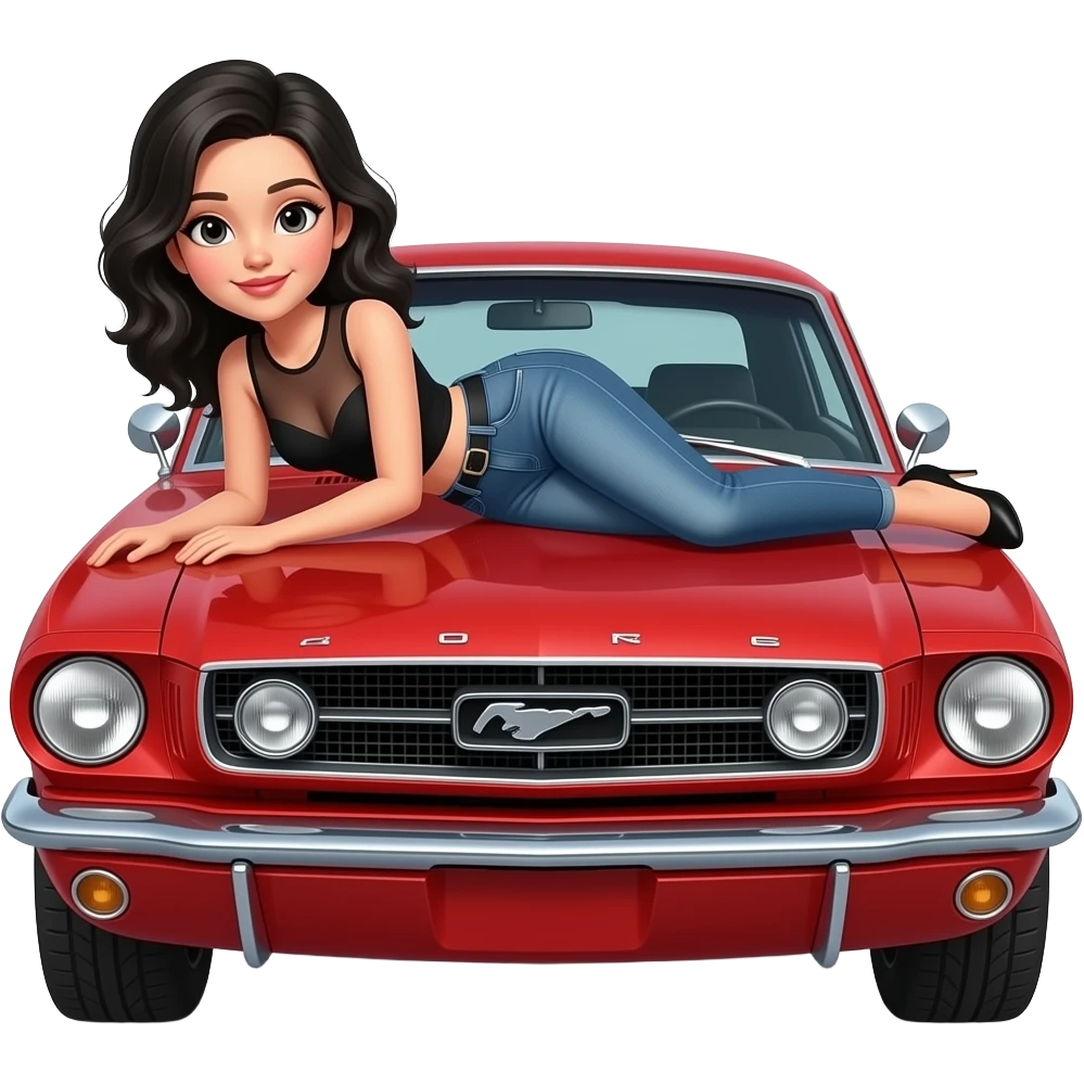 Pale girl with black wavy hair lying on the hood of a red ford mustang 1968 coupe. Girl wearing a sheer black medium neckline sleeveless top, jeans and heels with visible toes. emoji