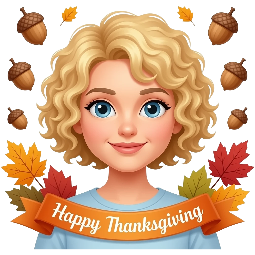 blonde tight curly hair in a short bob Happy Thanksgiving banner and acorns and bronwn and red leaves  around emoji