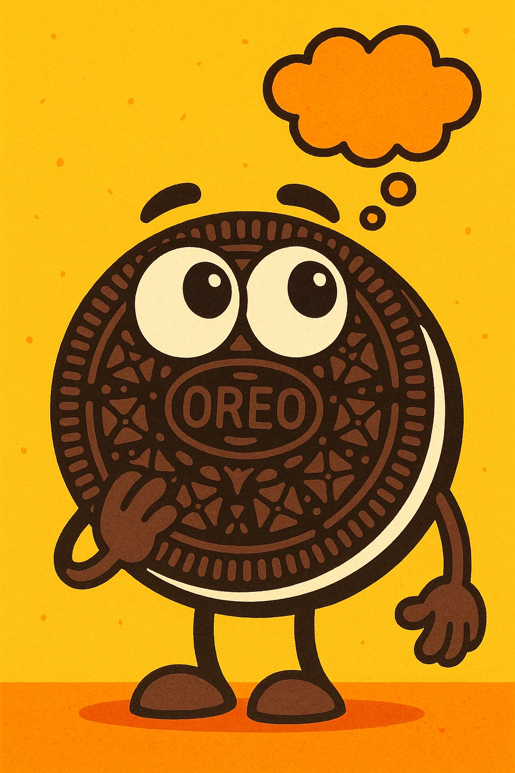 an Oreo cookie with big eyes looking up, thinking, playful style emoji