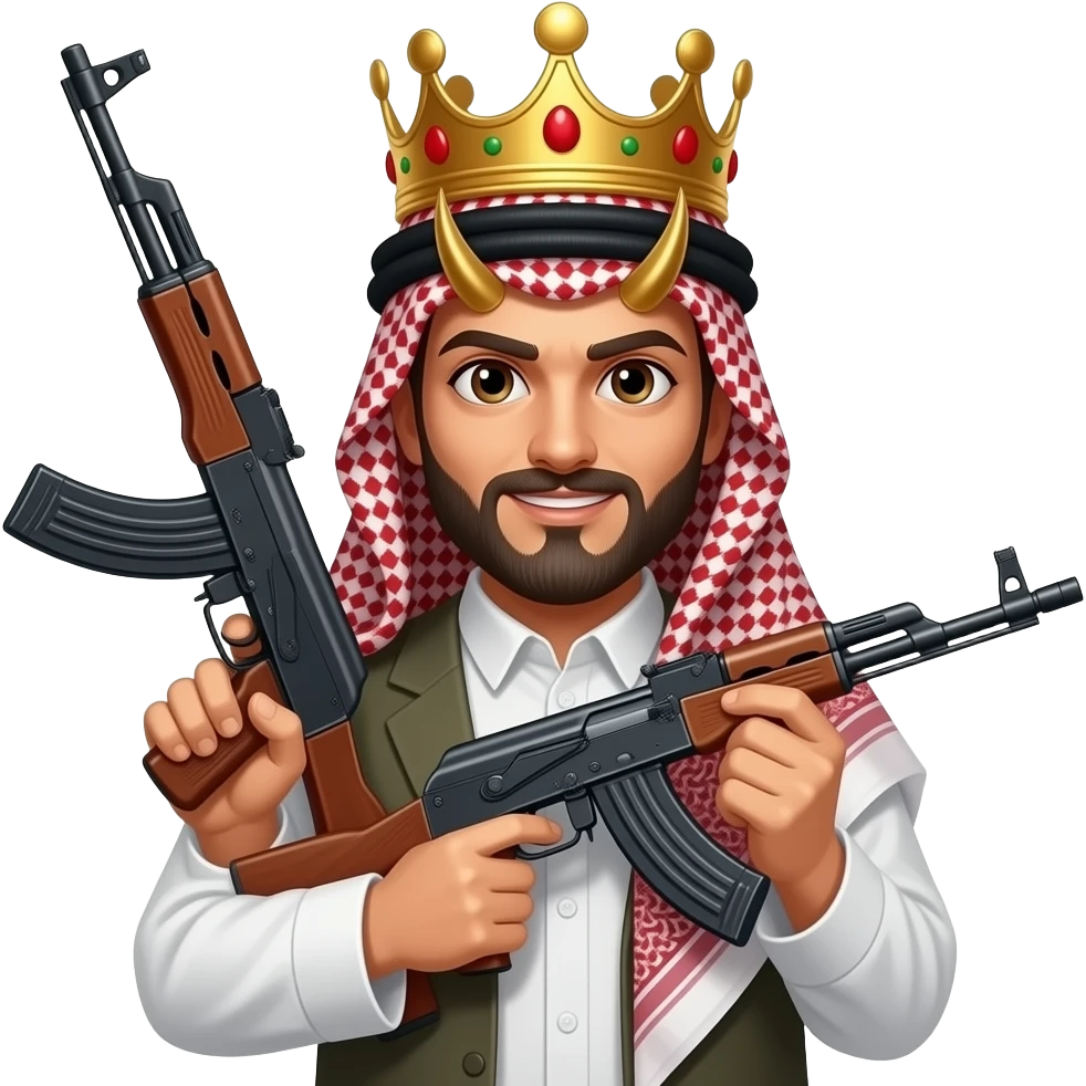 Un arabe con corona y una máscara de lucifer y una pistola ak47 emoji
