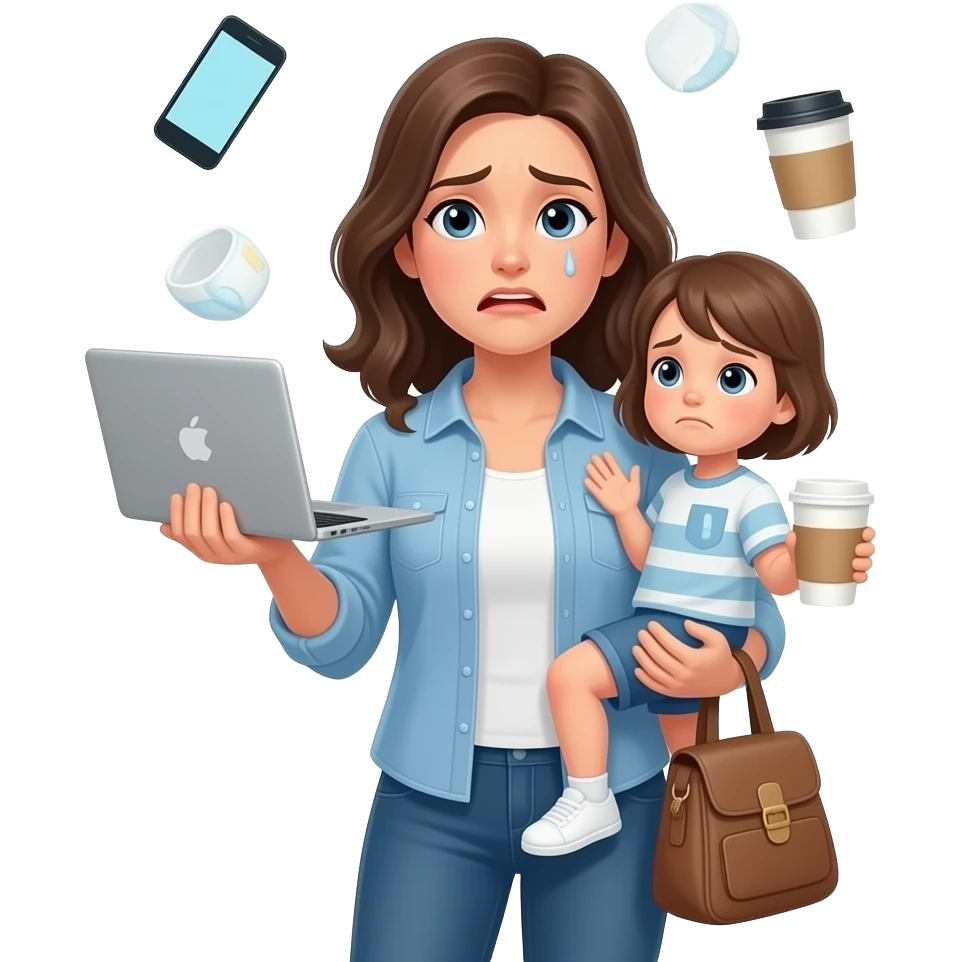 single mother holding child and multiple responsibilities, tired but strong expression, slightly overwhelmed, minimalist flat illustration, warm tones, consistent style, same character design, no background emoji