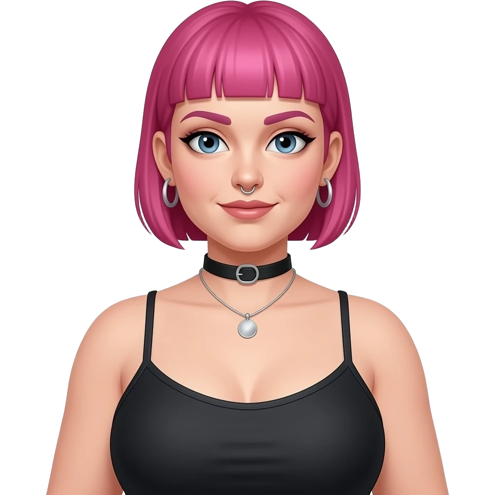 fat goth style woman with short buzzcut pink hair full body, earrings, nose ring. Wearing a spaghetti straps halter top emoji