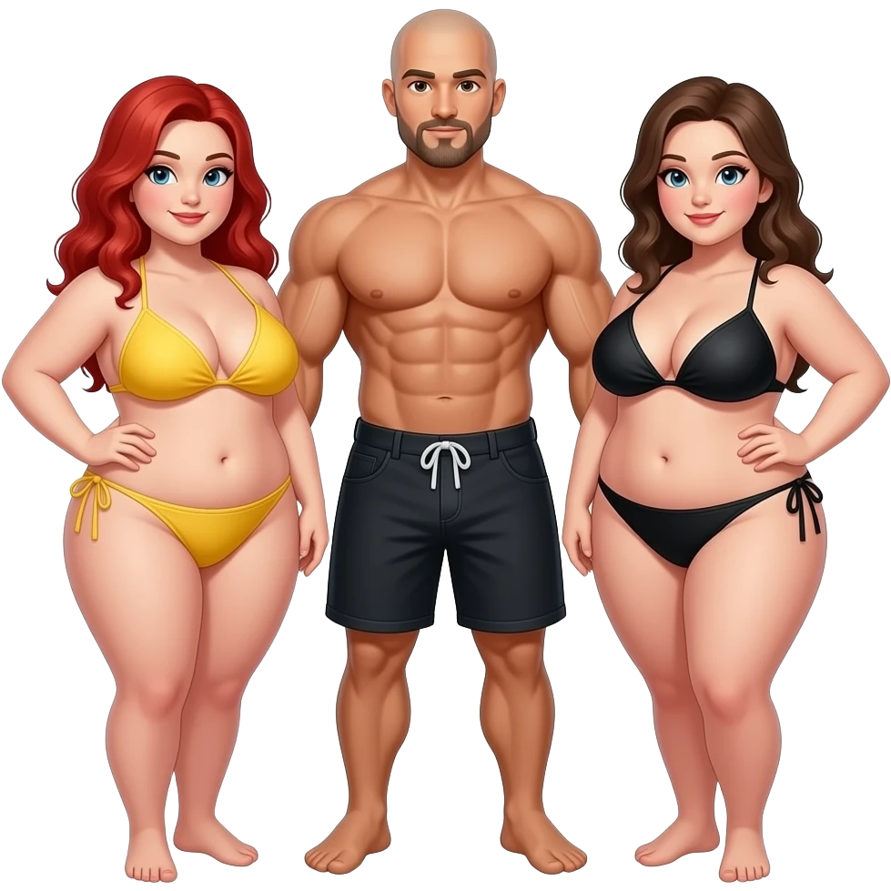 Handsome, bald,  muscular man with goatee, age 57,  standing between  2 very full figured women in bikinis, redhead with yellow bikini and brunette black bikini with larger breasts emoji