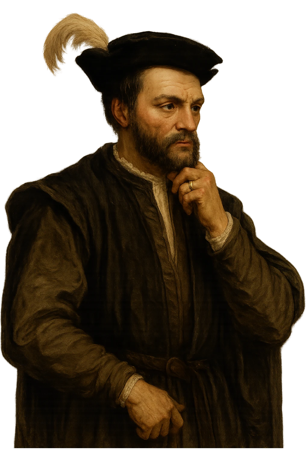 Jacques Cartier, French explorer, wearing 16th-century explorer attire, feathered hat, short beard, confident expression, historical style, no background emoji
