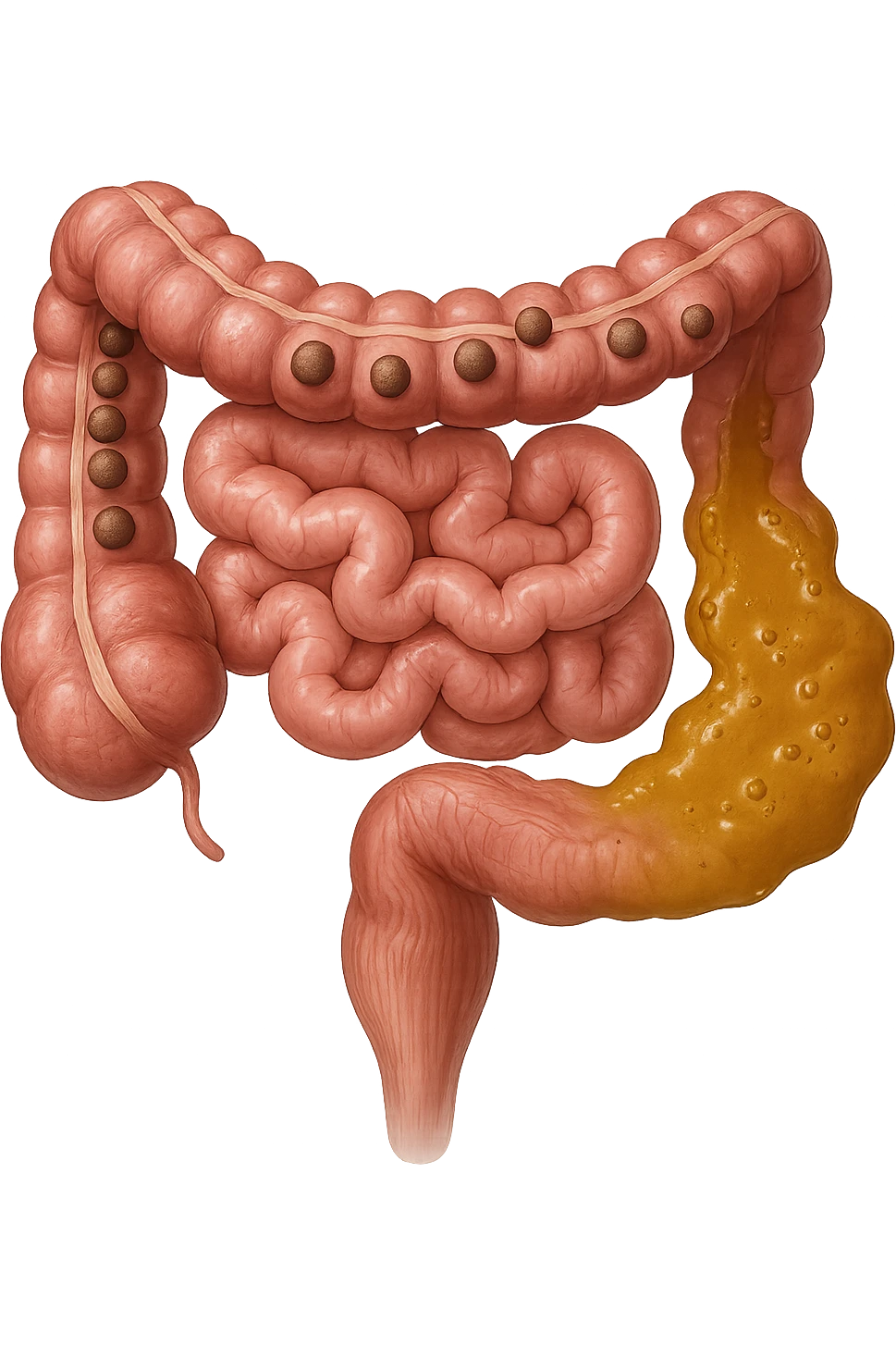 INTESTINO UMANO ANATOMICO REALISTICO CON FECI A PALLINE E FECI LIQUIDE CHE FLUTTUANO DIETRO BEN DISTINTE, IPERREALISTICO 4K emoji