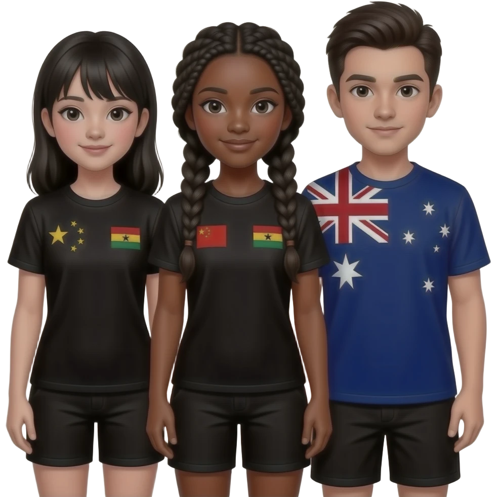 keep the girls the same but put their flags on their shirts and give them all black shorts put a chinese girl and a ghanan girl with them too make the ghanan girl have long braids make the girl in the middle have a chinese flag on her shirt and move the ghanan girl next to the austrailian boy emoji