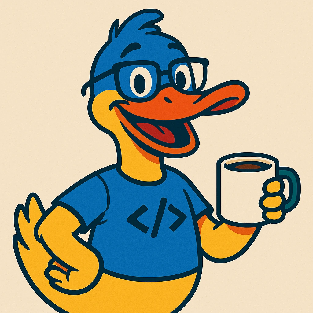 friendly developer duck made of primary colors #0090df, #fc9e19, #db8006b, drinking coffee, approachable and cheerful expression, coffee mug, optional secondary colors #111e72, #00653d, #0f4c2c, #262526, #006ab3b, #ca001e, #1f2827 for accents emoji