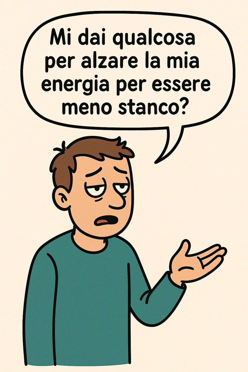 uomo che dice in una nuvoletta "mi dai qualcosa per alzare la mia energia per essere meno stanco?" emoji