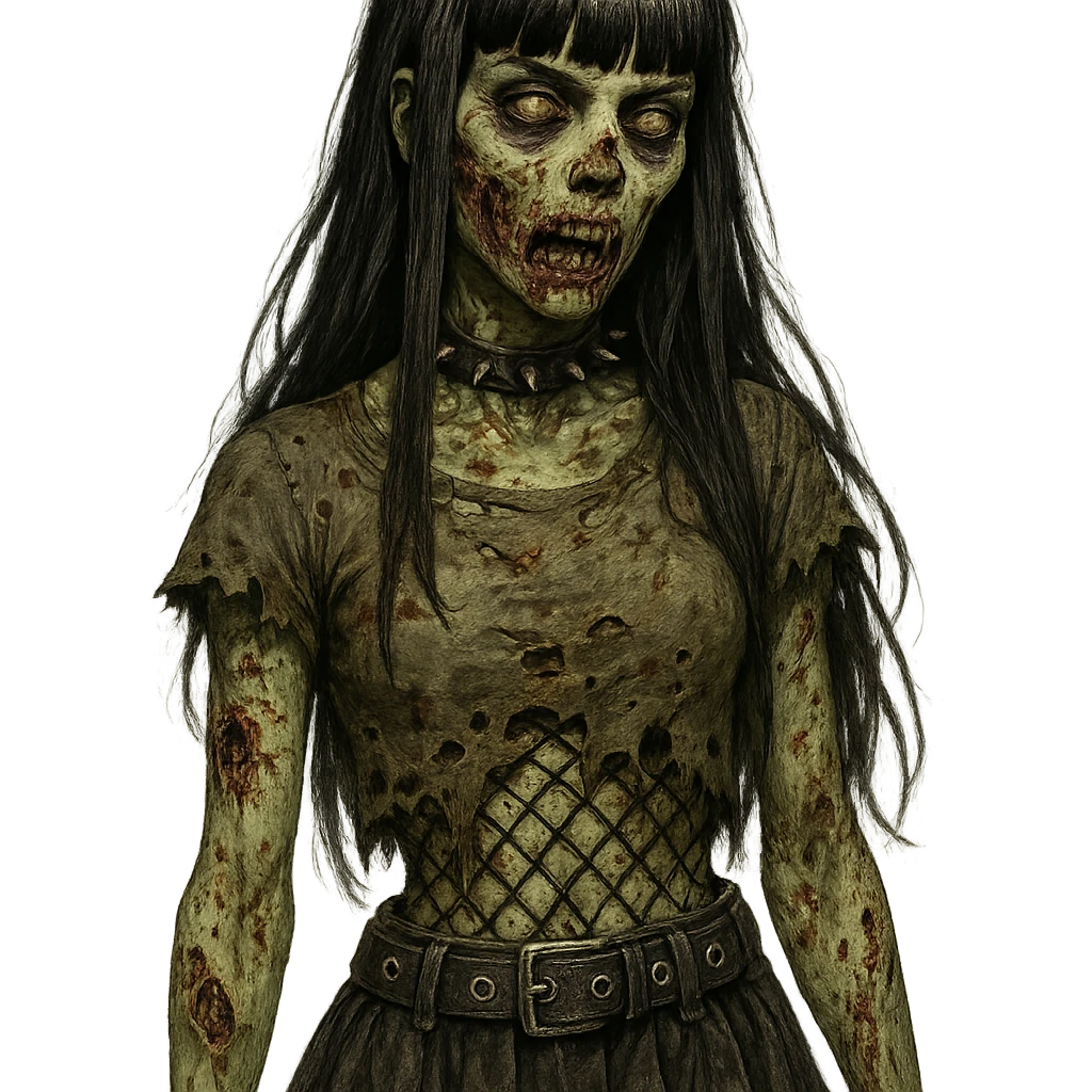 a zombie girl with black long hair and bangs, unique style, detailed, creative emoji