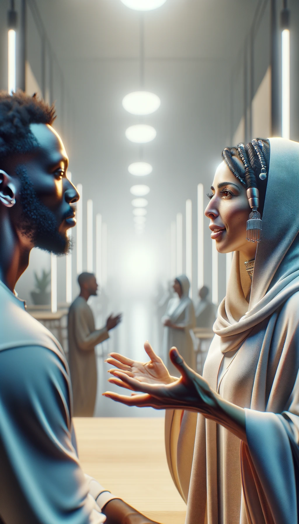  in a bright, softly lit room with a light background, a person is speaking with expressive gestures and a focused expression. In the foreground, another person is seen from behind, listening attentively. The details of hair, skin, and clothing are crisp and lifelike, with subtle reflections and natural shadows. The overall mood is calm and intimate. emoji