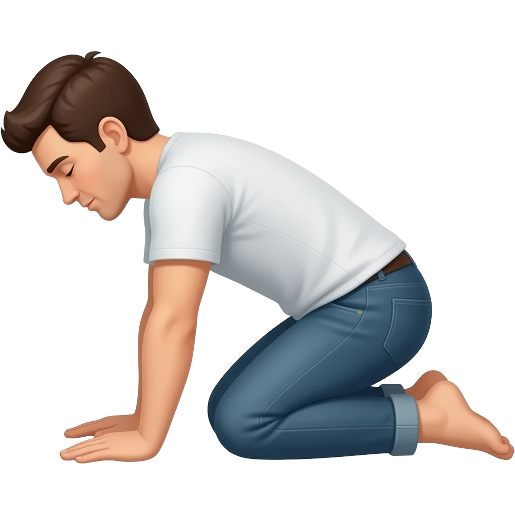 Man on his knees bowing in a forward fold profile pov emoji