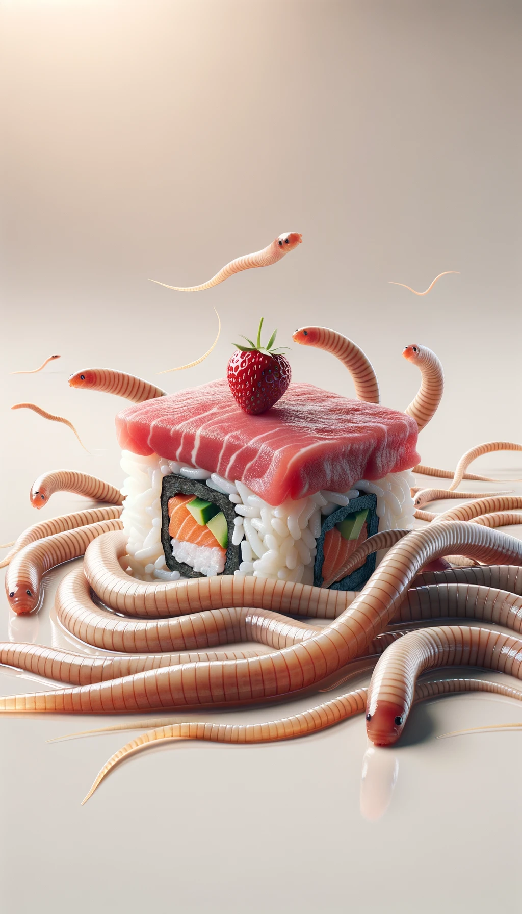 carne cruda fluttua insieme a sushi, intorno a loro fluttuano vermi lunghi e beige chiaro, sfondo neutro chiaro, iperrealistico 4k emoji