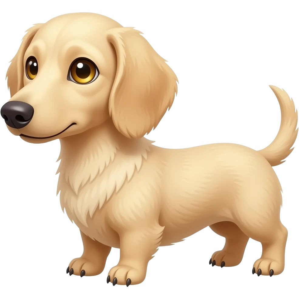 A small and thinnish dachshund with narrow width snout and a cream/blonde colored, short haired coat with gold colored eyes, a pinkish colored nose, and tan colored claws emoji