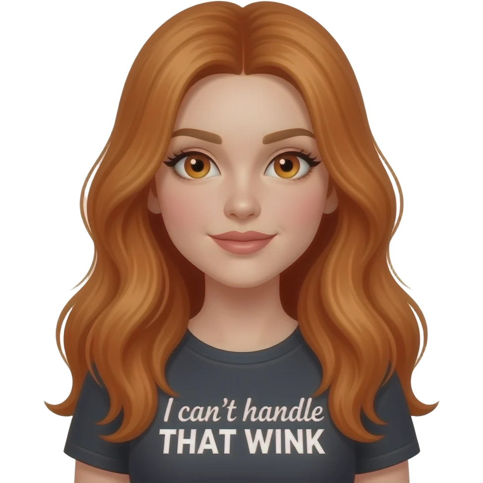 sexy girl with overlong ginger hair and ginger eyes a top with I can't handle THAT WINK written on it emoji