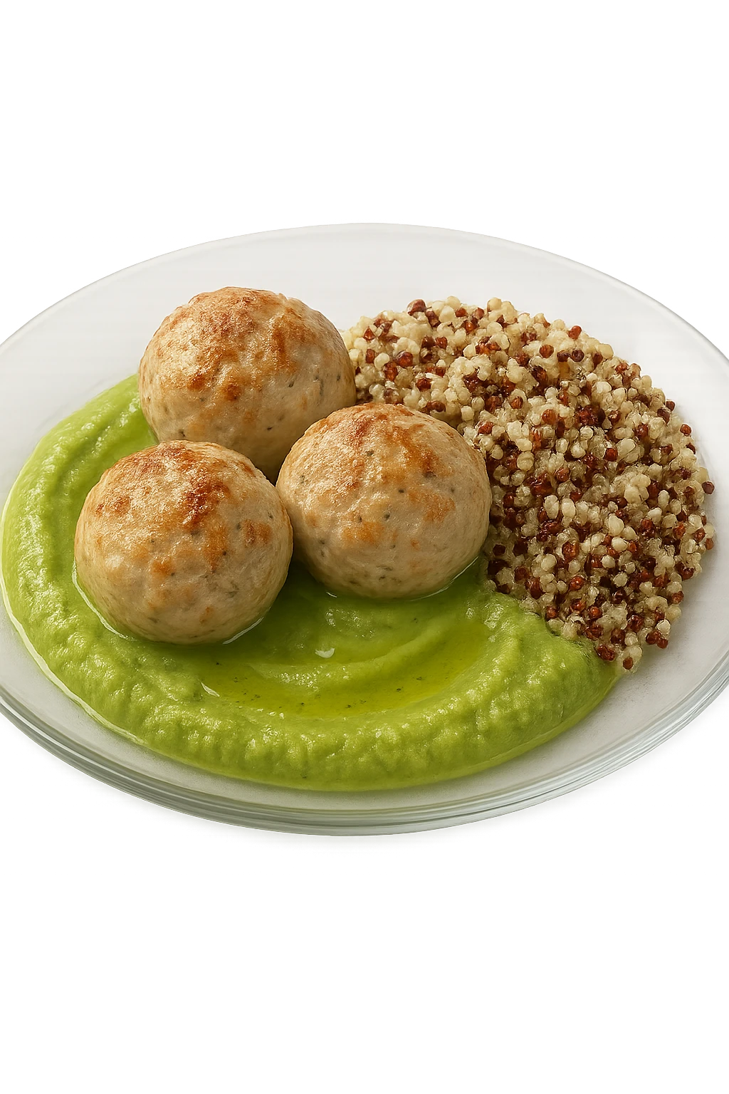 polpette di tacchino, purè di zucchine, quinoa e olio di oliva, iperrealistico 4k emoji