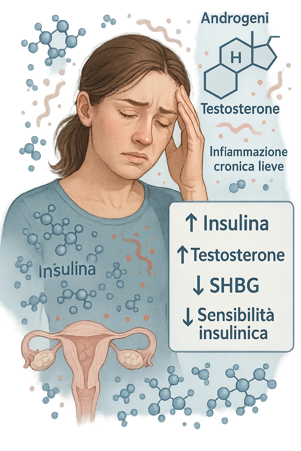 Donna tra i 25 e i 35 anni in primo piano, con espressione affaticata. Intorno al suo corpo appaiono in modo stilizzato e simbolico squilibri ormonali: molecole di insulina in eccesso fluttuano attorno, androgeni (testosterone) evidenziati sopra la testa, segnali visivi di infiammazione cronica lieve. Sopra le ovaie (visibili in trasparenza) compaiono piccole cisti multiple. Accanto a lei, un diagramma stilizzato mostra: '↑ Insulina', '↑ Testosterone', '↓ SHBG', '↓ Sensibilità insulinica'. L’atmosfera è scientifica, educativa ma empatica. Stile realistico con elementi infografici fluttuanti e colori freddi ma puliti. in italiano emoji