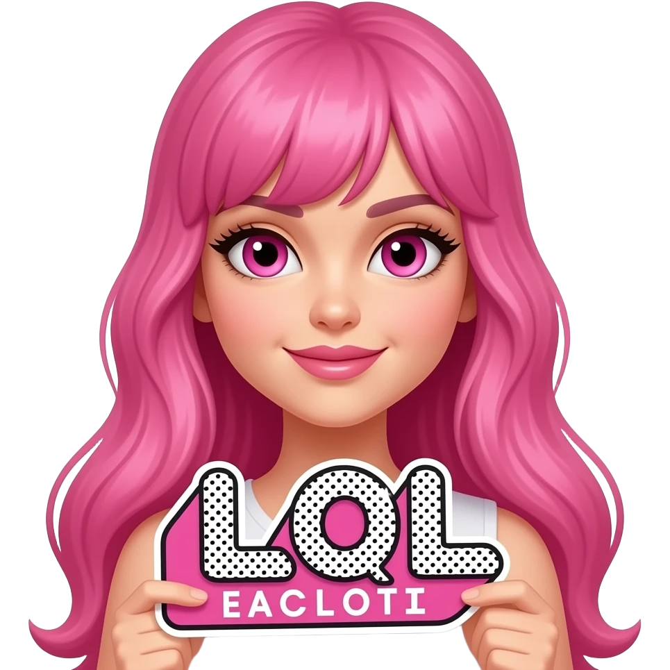 sexy girl with long pink hair and pink eyes holding LOL sign emoji