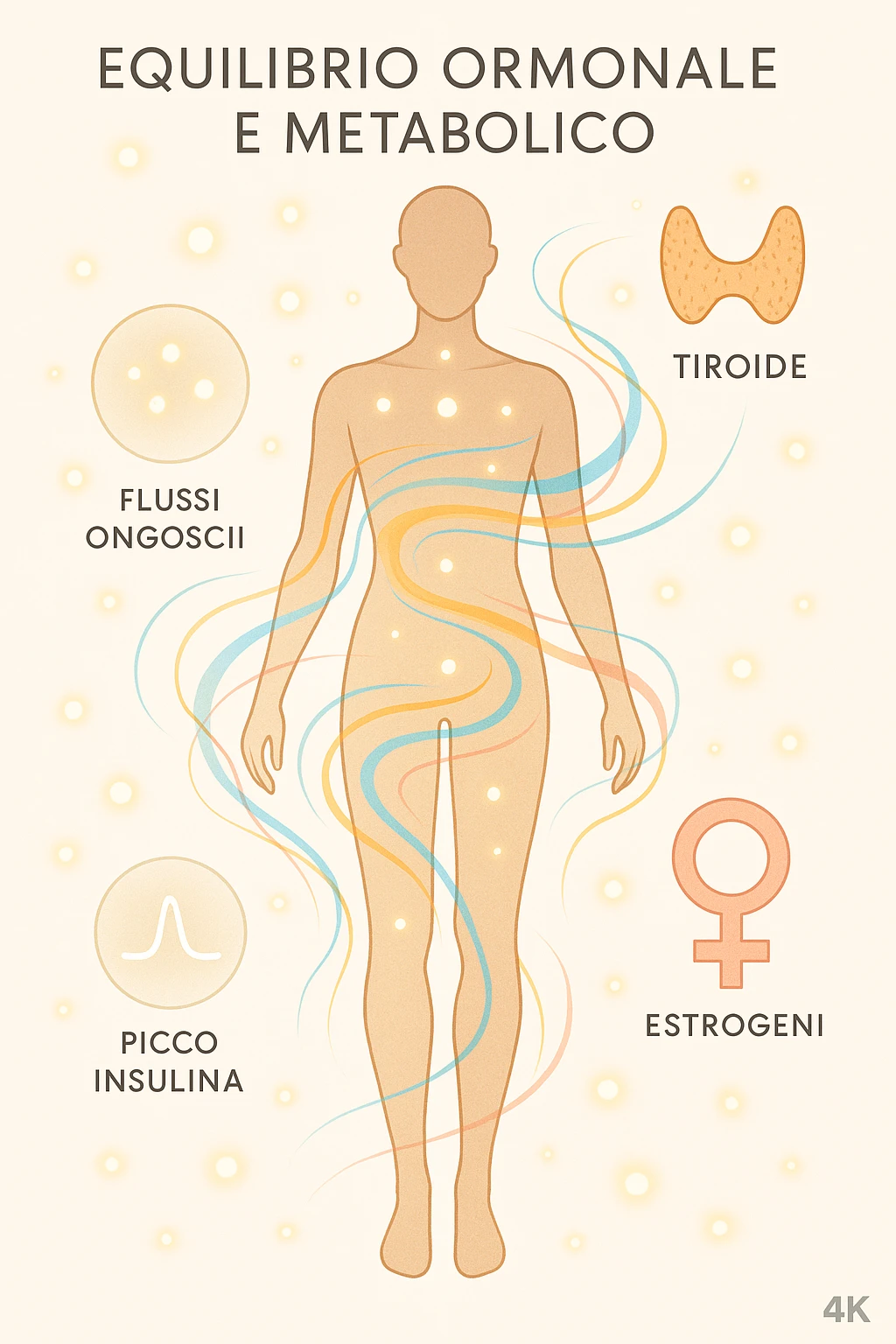Il corpo è circondato da simboli delicati e bilanciati che rappresentano equilibrio ormonale e metabolico: piccoli cerchi, flussi energetici colorati, simboli stilizzati di tiroide, picco insulina, estrogeni. 4k immagine in italiano emoji