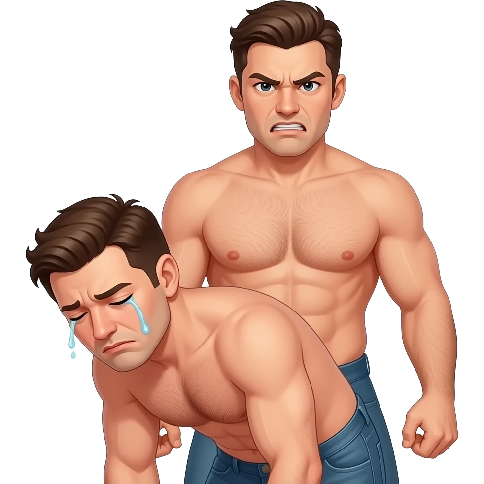 Naked hairy crying man bending over, a stronger naked hairy angry man standing behind him emoji