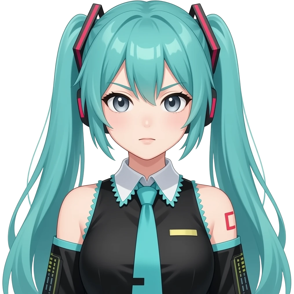 anime girl, agressive, long flowing teal hair, grey eyes, black shoulder cyberpunk blouse with fancy white collar emoji