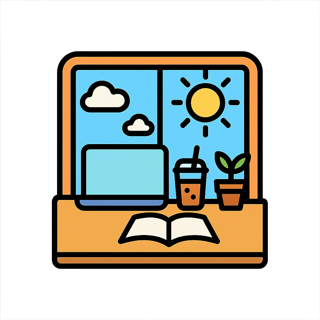 A desk by the window with summer sunshine in the background. On the desk, there is a laptop, a cup of iced coffee, and a small plant. An opened book is also present. emoji