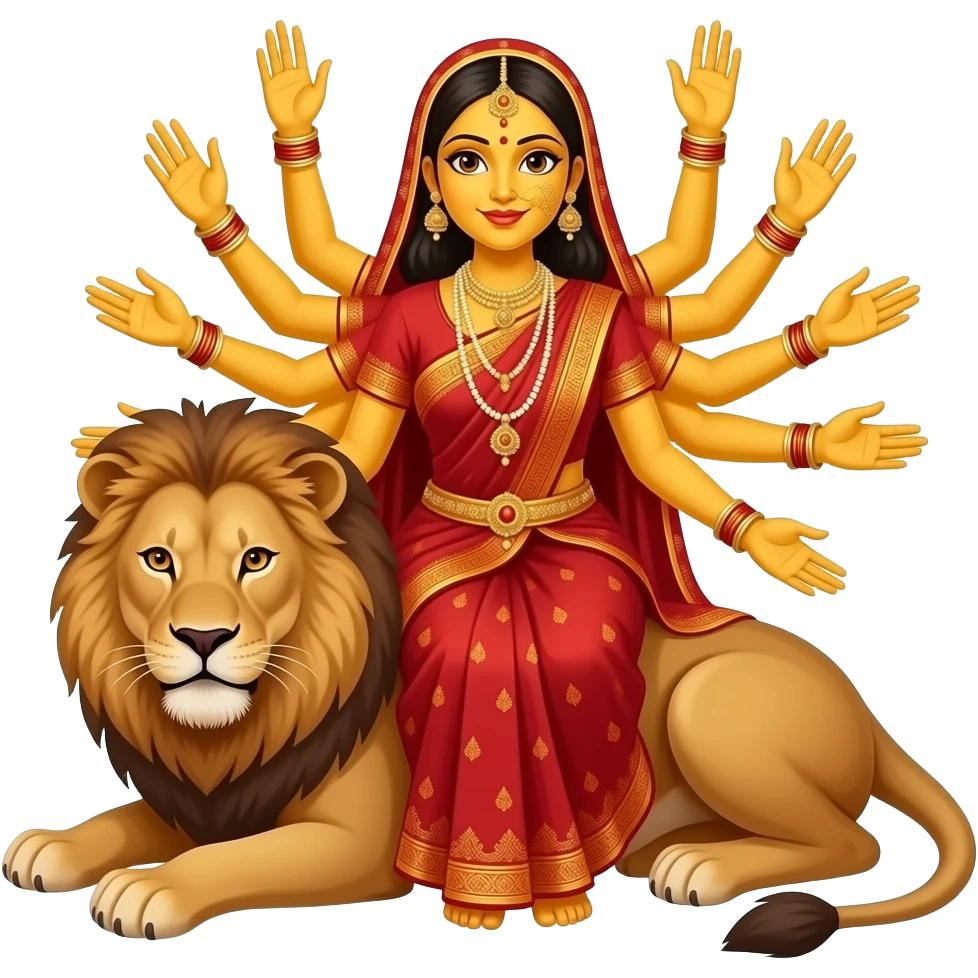 A bengali yellow skinned bride with exactly ten empty hands sitting on a lion emoji