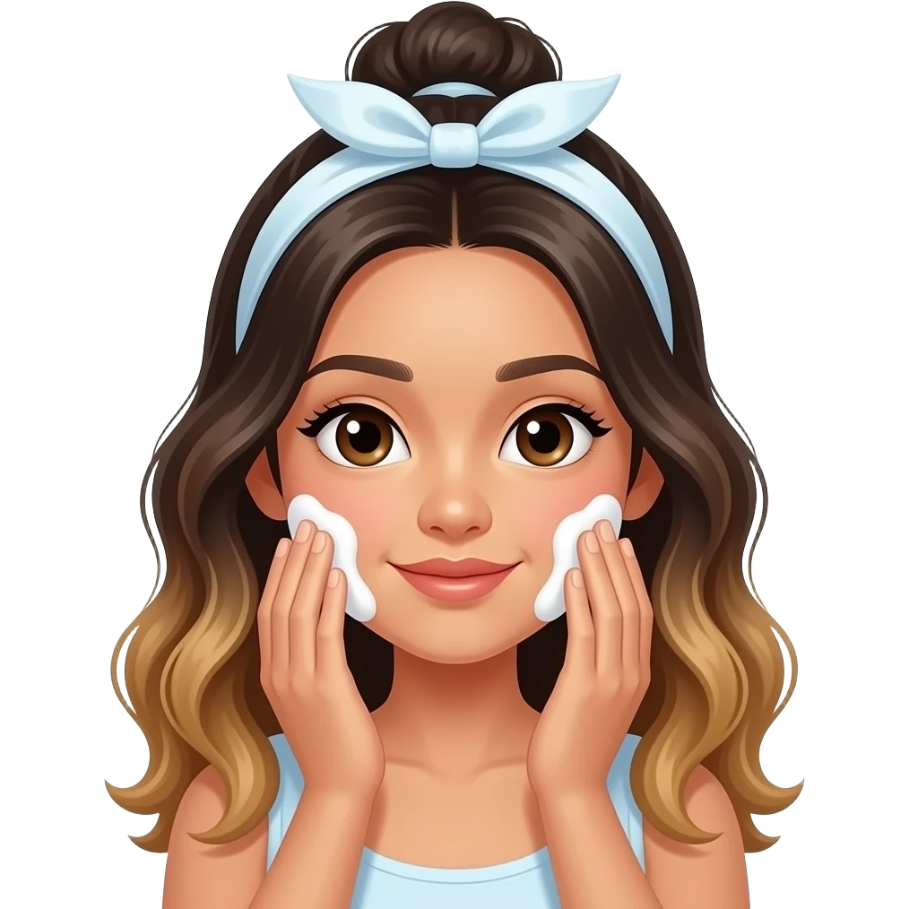 Beautiful Filipino girl beautiful eyes with long wavy hair balayage  in a bun with headband washing face skincare emoji