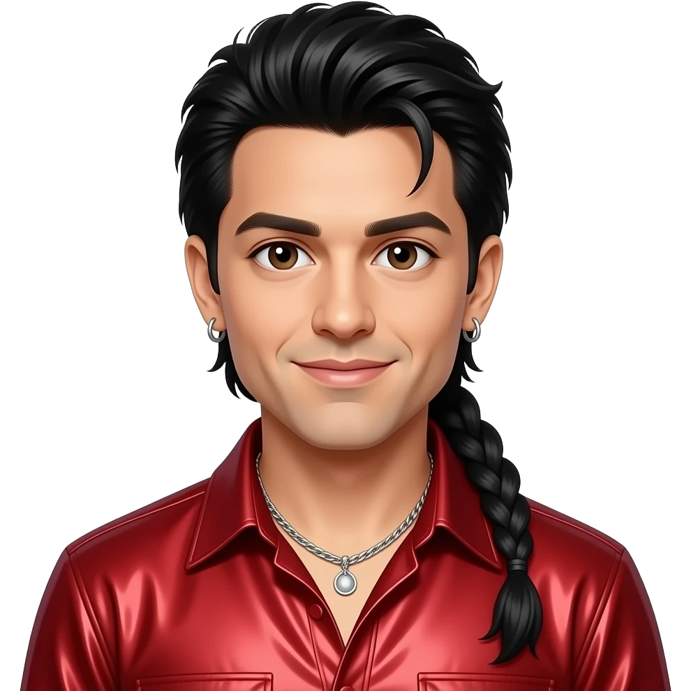 Jordan Knight from NKOTB with brown eyes, black 90s mullet hair with long rattail, red metallic shirt, necklace and earrings emoji