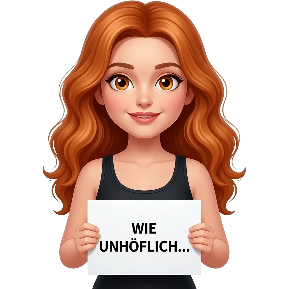 sexy girl with long wavy ginger hair and ginger eyes wearing a black tanktop is holding a white sign with WIE UNHÖFLICH... written on it emoji