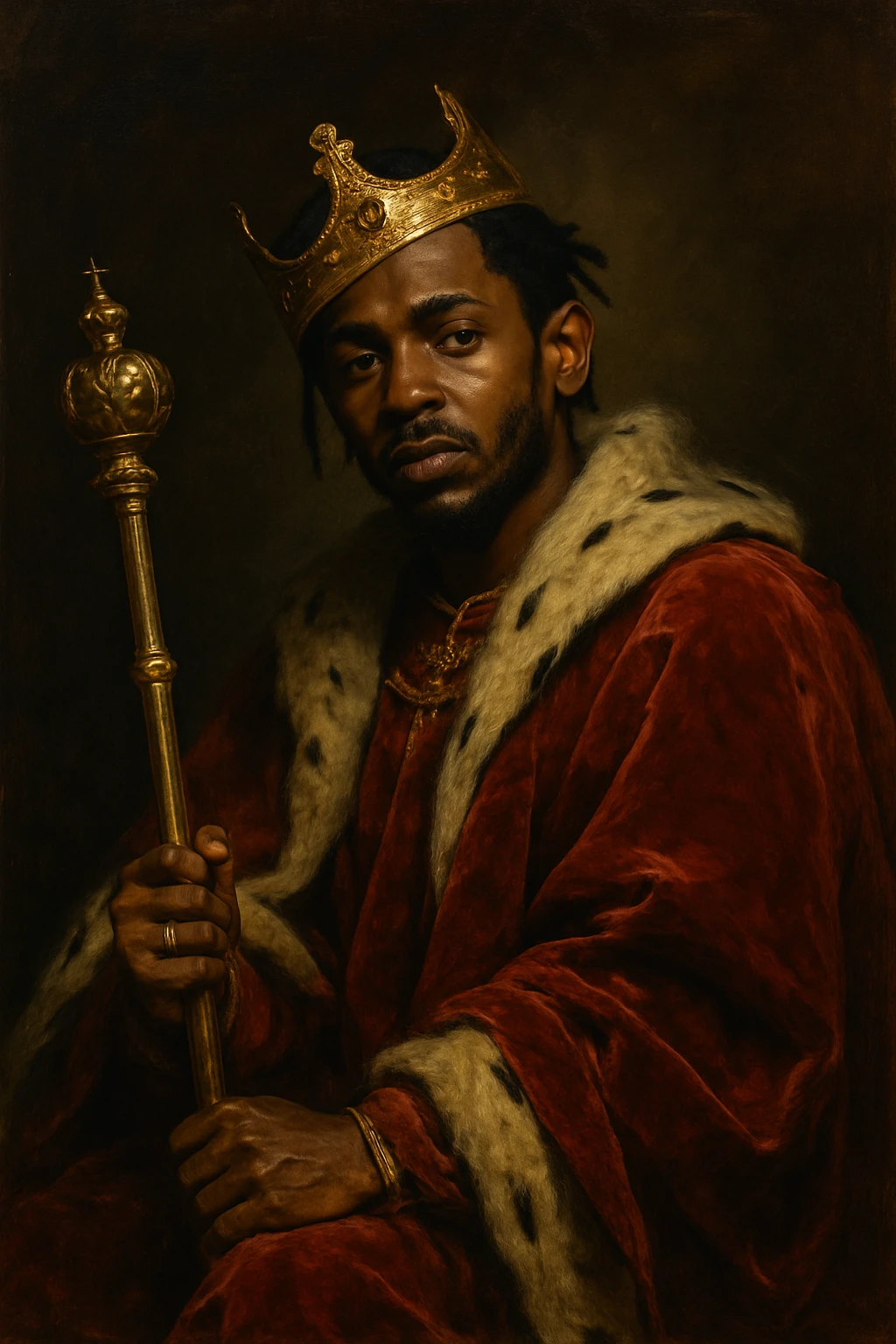 Kendrick Lamar in kingly robes, holding a scepter, crown tilted, artistic portrait, moody lighting, contemporary style emoji