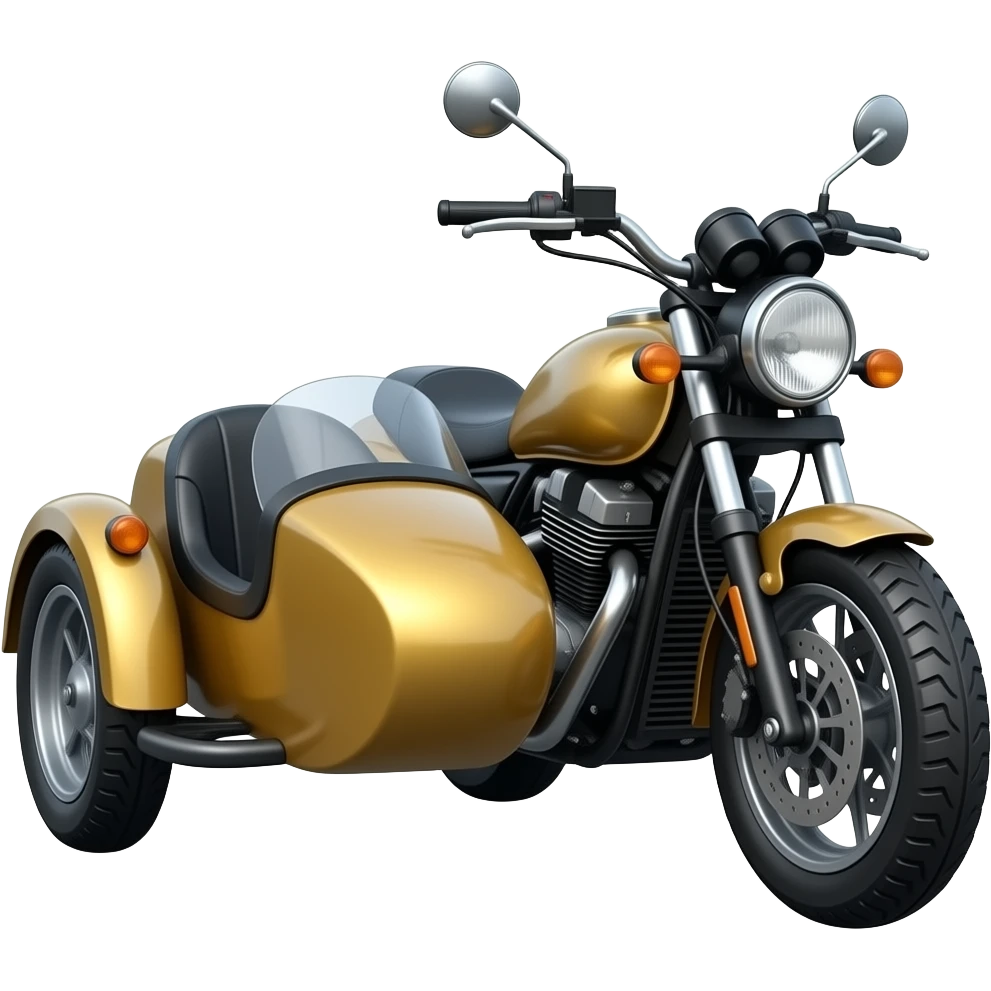 Sidecar SLO: 3D emoji style, glossy surface, soft shadows, white background, centered, no text,  motorcycle sidecar, gold and black tones, emoji