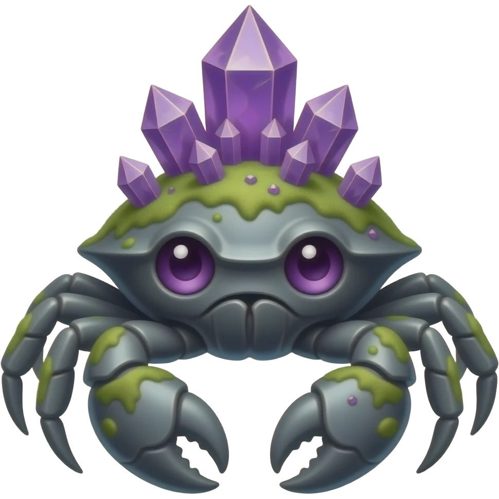 A big Gray crab with moss on its back in with purple crystals on its back and also with purple eyes facing forward emoji