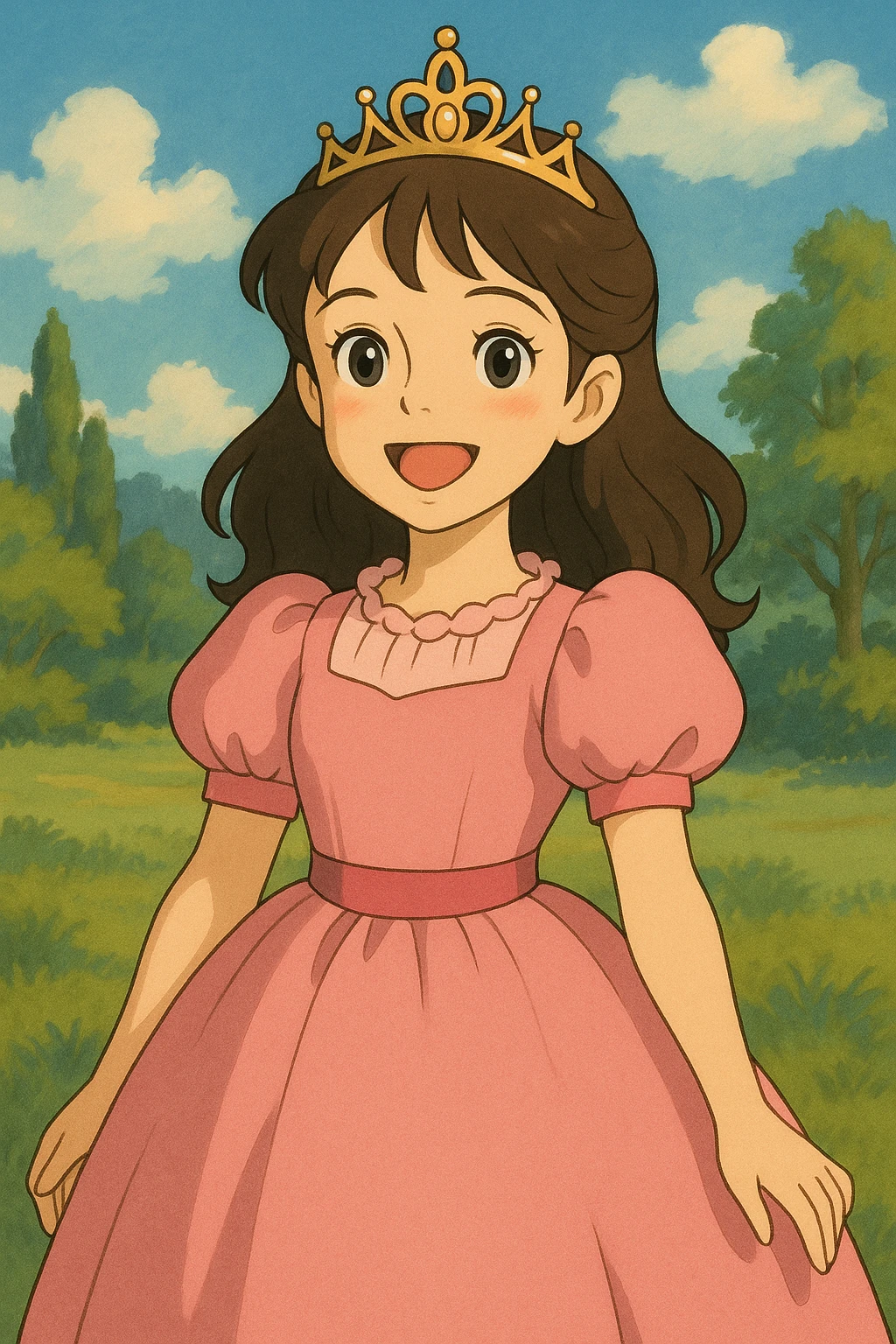 young princess in a pink dress, tiara on her head, smiling, ghibli-inspired style emoji