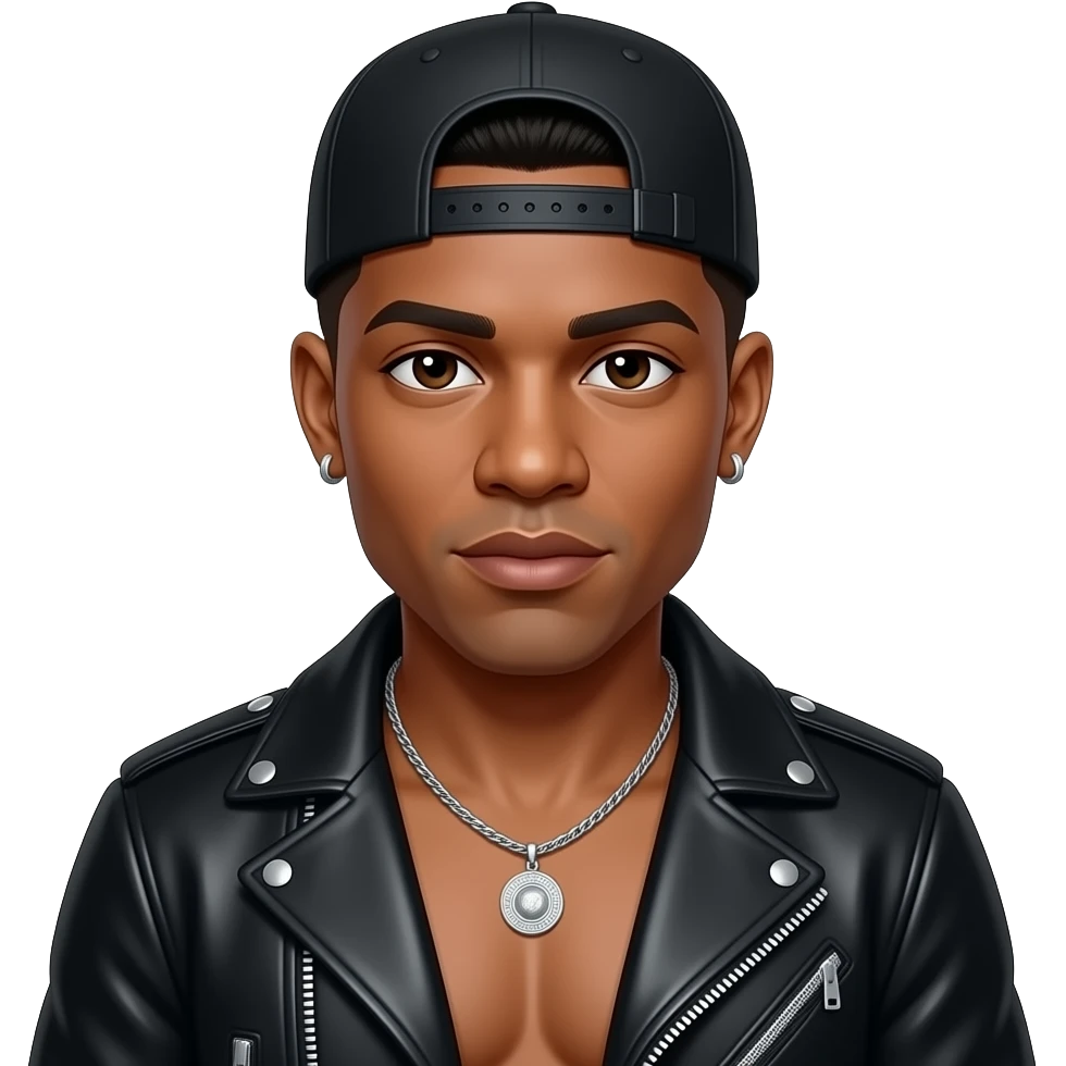 K-Ci from Jodeci with dark brown eyes, black short fade hair, black cap, black metallic jacket, shirtless necklace and earrings emoji
