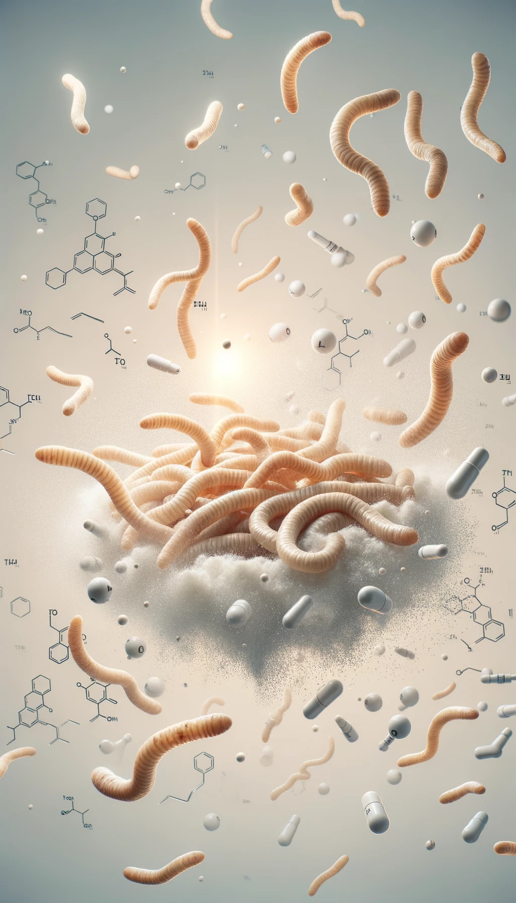 vermi beige chiaro fluttuano in aria insieme a particelle chimiche di testosterone, sfondo neutro chiaro emoji